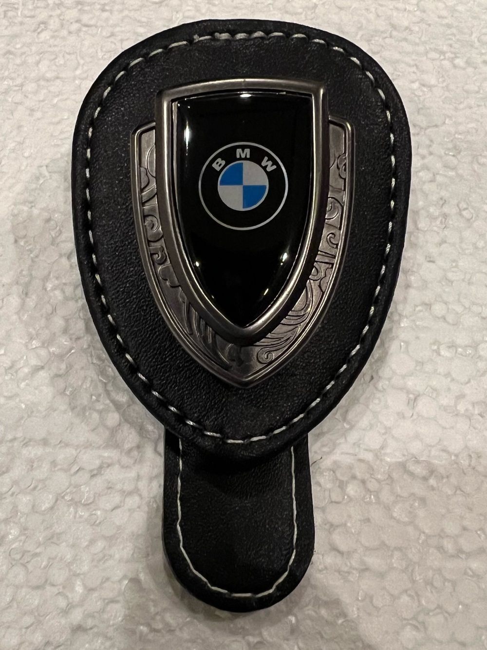 BMW Gray & Black Leather Glasses Holder Sunglasses Hanger For Car Sun Visor